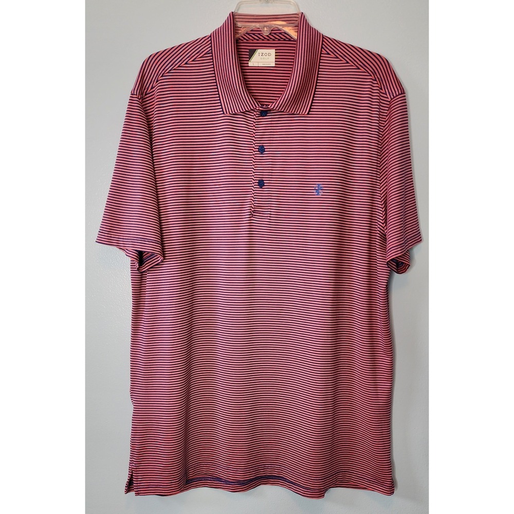 IZOD Golf Polo Shirt Mens Large Pink Navy Blue Striped Short Sleeve EXC